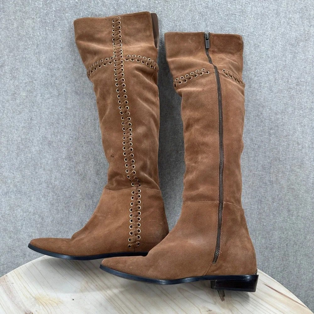 Michael Kors MALIN Over The Knee Boots 9 Suede Grommet Whipstitch Low Heel